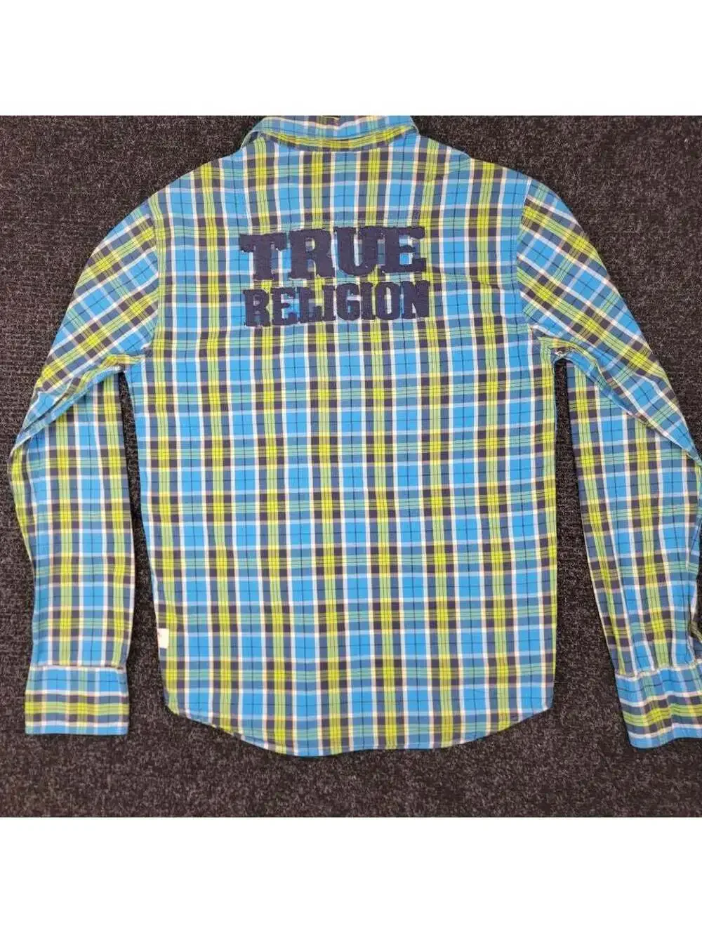 True Religion Men's Large Y2K Retro Blue Green Plaid Long Sleeve Button-Up Shirt